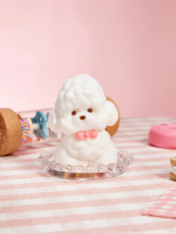 Flocked White Teddy Dog with Pink Bow Squeeze Toys