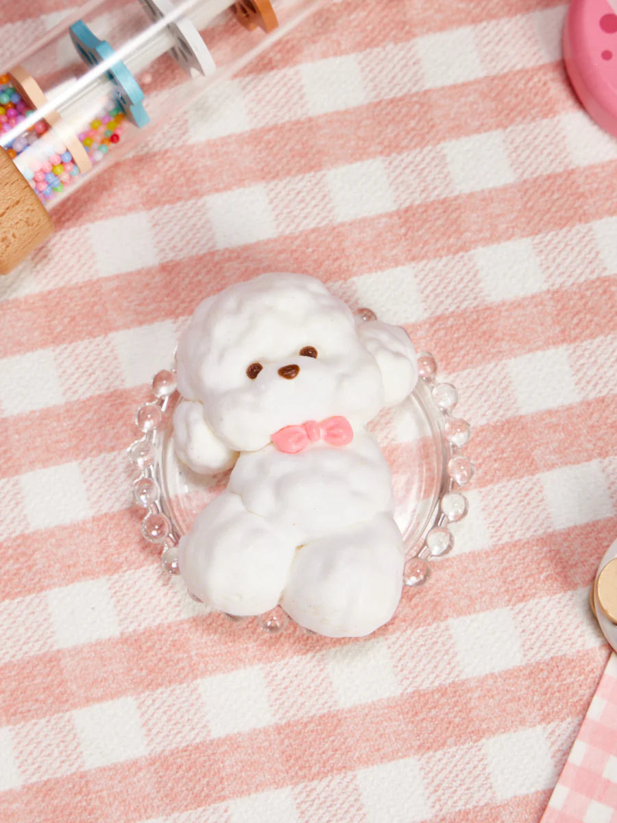 Flocked White Teddy Dog with Pink Bow Squeeze Toys