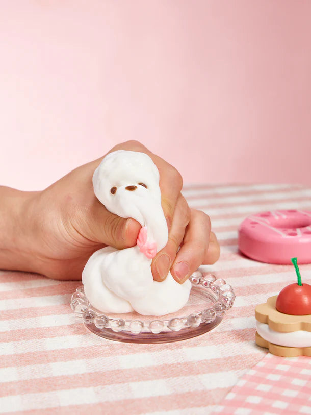 Flocked White Teddy Dog with Pink Bow Squeeze Toys
