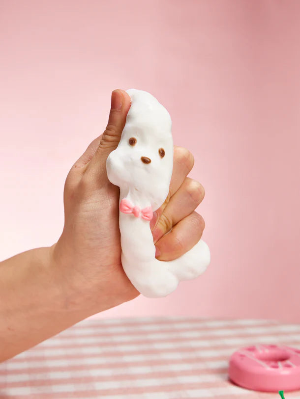 Flocked White Teddy Dog with Pink Bow Squeeze Toys