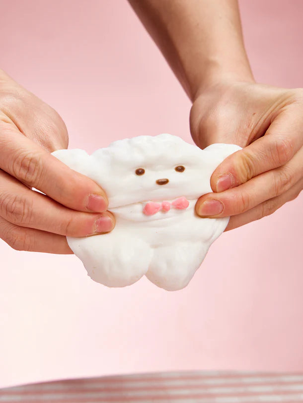 Flocked White Teddy Dog with Pink Bow Squeeze Toys